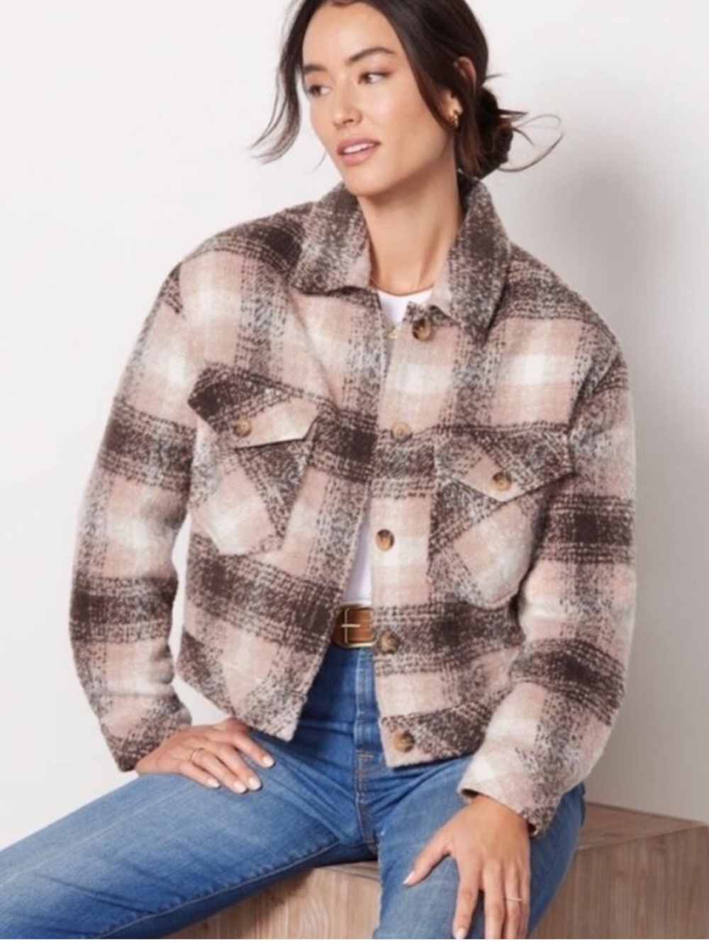 Evereve Polly Plaid Crop Button Jacket Shacket Brown Pink Size Medium